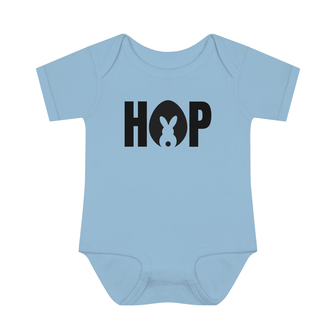 Hop Onesie infant bodysuit with lap shoulders for fidgeting younglings. Soft 100% ring-spun cotton, unisex fit, light fabric. From Worlds Worst Tees.