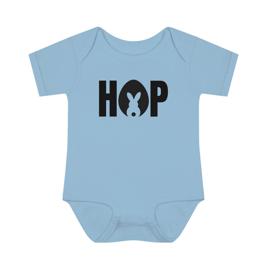 Hop Onesie infant bodysuit with lap shoulders for fidgeting younglings. Soft 100% ring-spun cotton, unisex fit, light fabric. From Worlds Worst Tees.