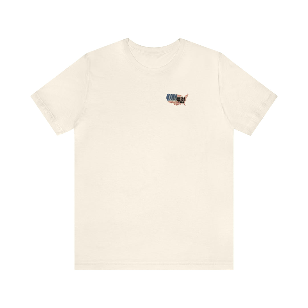 A white t-shirt featuring a flag patch, part of the USA Some Gave All Tee collection. Unisex jersey tee made of 100% Airlume combed cotton, with ribbed knit collars and taping on shoulders for a comfortable fit.