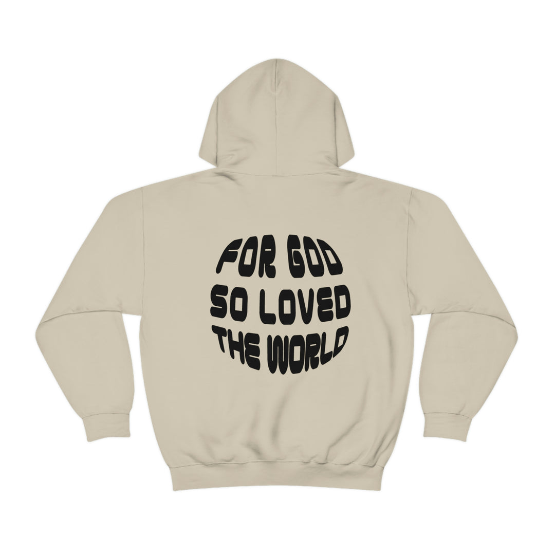 Unisex For God So Loved the World Hoodie, a cozy blend of cotton and polyester. Features kangaroo pocket and drawstring hood. Medium-heavy fabric, tear-away label, classic fit.