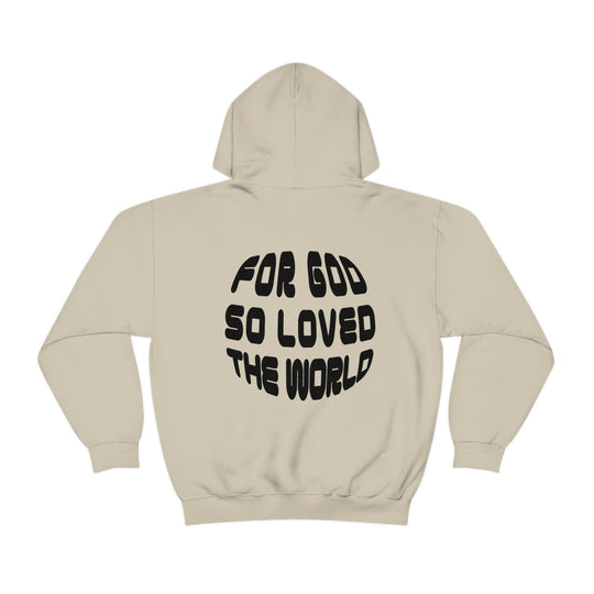 Unisex For God So Loved the World Hoodie, a cozy blend of cotton and polyester. Features kangaroo pocket and drawstring hood. Medium-heavy fabric, tear-away label, classic fit.