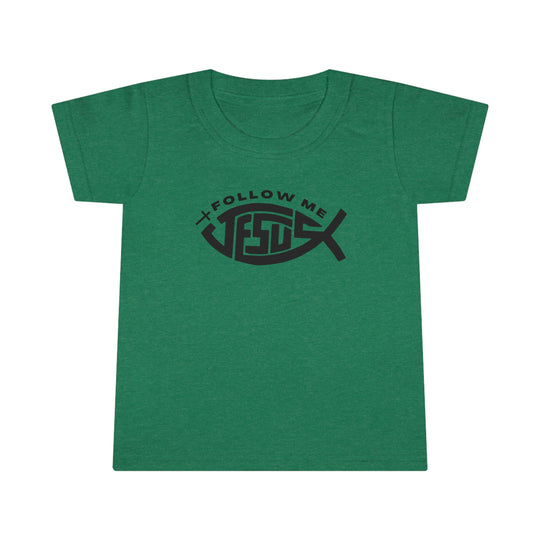 A Jesus Follow Me Toddler Tee with a classic fit, high stitch density, and durable double-needle collar and hems. Made of 100% Ringspun cotton. From Worlds Worst Tees.
