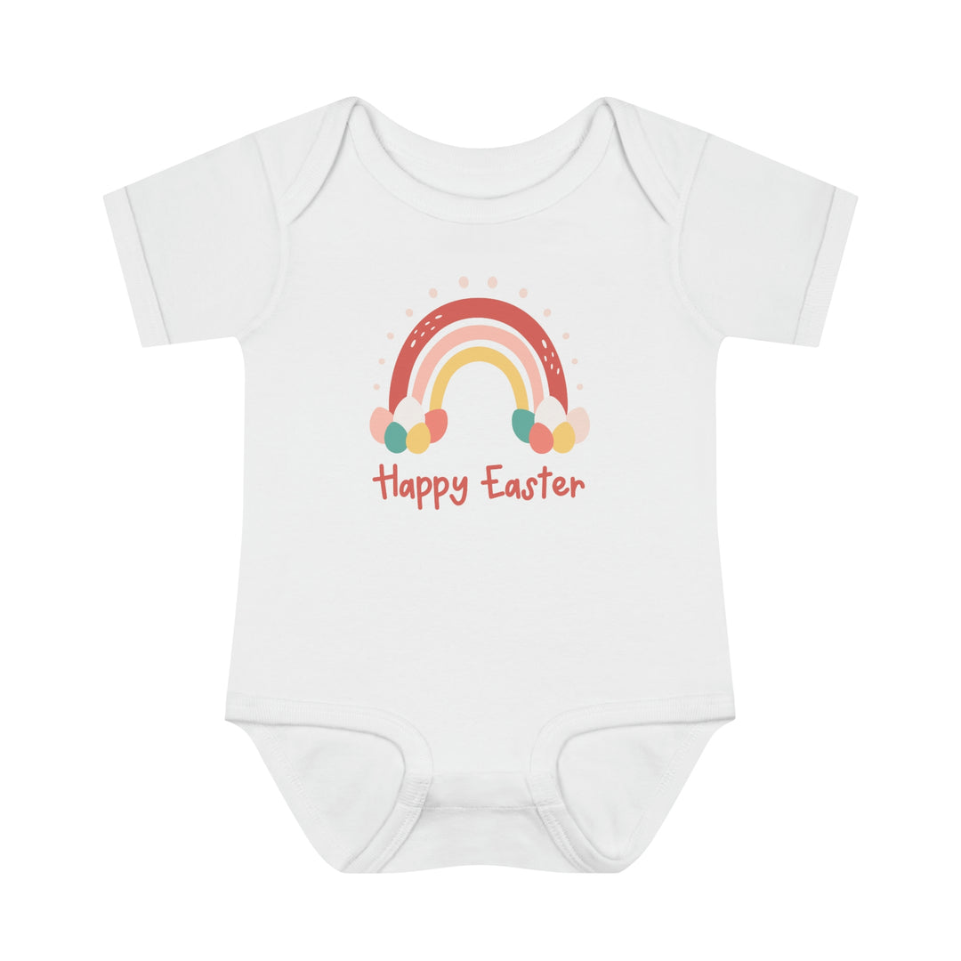 Infant white bodysuit featuring a rainbow and eggs design, ideal for younglings. Lap shoulders for easy adjustments. Made of soft ring-spun cotton, perfect for comfort. Unisex fit, light fabric. Happy Easter Rainbow Onesie.
