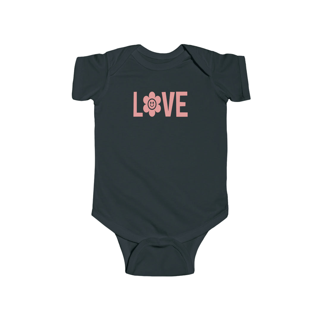 Infant fine jersey bodysuit, Love Onesie, 100% cotton fabric, ribbed knitting for durability, plastic snaps for easy changing access. From Worlds Worst Tees, known for unique graphic t-shirts.