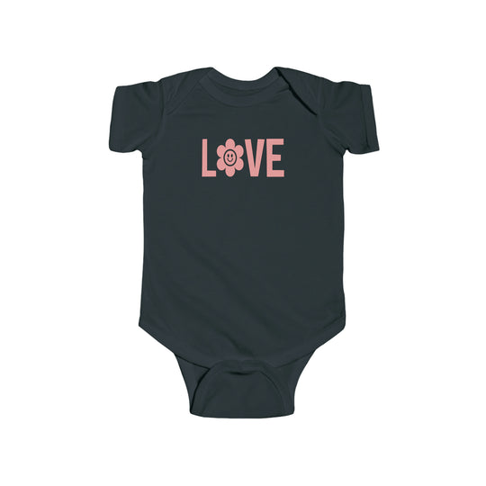 Infant fine jersey bodysuit, Love Onesie, 100% cotton fabric, ribbed knitting for durability, plastic snaps for easy changing access. From Worlds Worst Tees, known for unique graphic t-shirts.