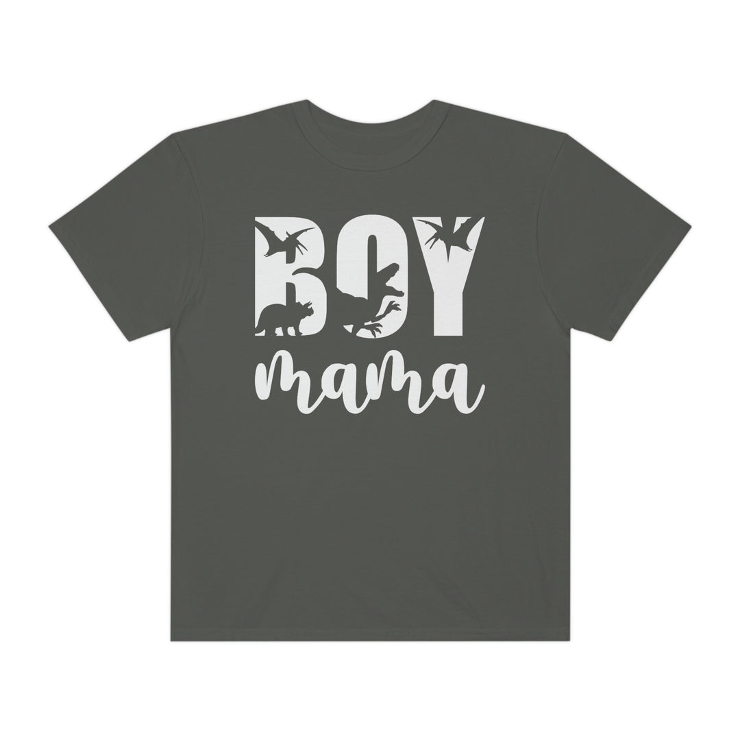 Relaxed fit Total Boy Mama Tee, grey with white text, features a dinosaur silhouette. 100% ring-spun cotton, garment-dyed for coziness, durable double-needle stitching, and seamless design for a tubular shape.