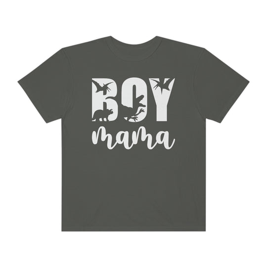 Relaxed fit Total Boy Mama Tee, grey with white text, features a dinosaur silhouette. 100% ring-spun cotton, garment-dyed for coziness, durable double-needle stitching, and seamless design for a tubular shape.