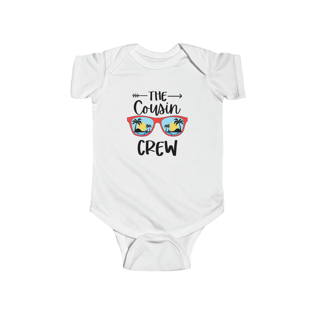 A durable and soft Cousin Crew Onesie for infants, featuring 100% cotton fabric, ribbed knit bindings, and plastic snaps for easy changes. From Worlds Worst Tees.