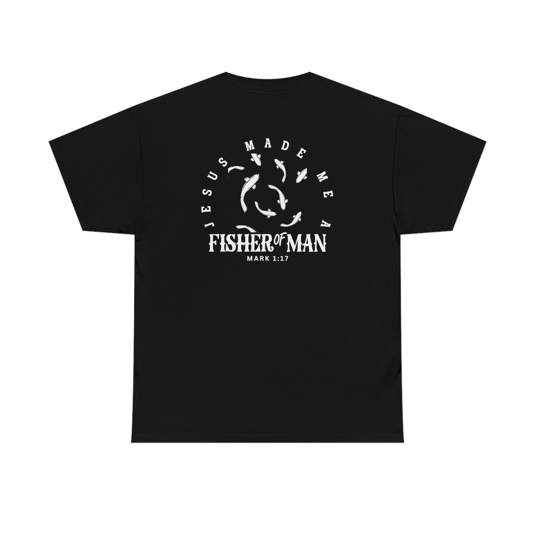 Unisex Fisher of Man Tee, black shirt with white fish logo. Classic fit, ribbed collar, no side seams, medium weight fabric. Sizes S-5XL. 100% cotton. Ideal for casual fashion.