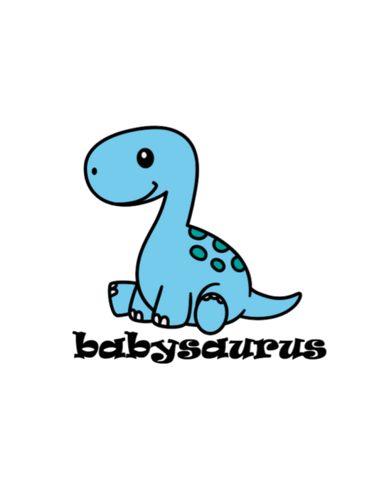 A blue dinosaur cartoon onesie for infants. Made of 100% cotton, featuring ribbed knit bindings and plastic snaps for easy changing. From Worlds Worst Tees.