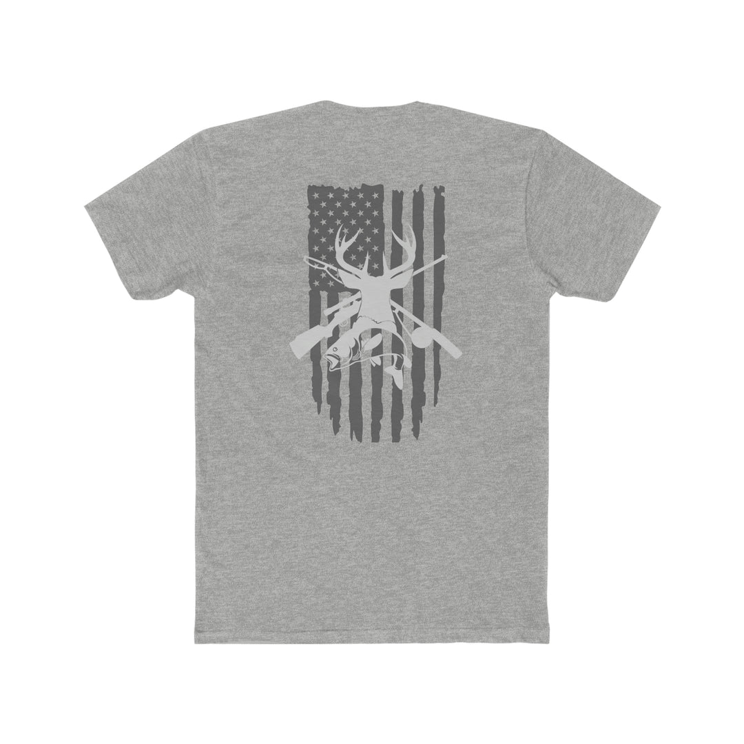 Real American Tee: Grey shirt with flag, deer, and fish designs. Comfy, light 100% cotton, premium fit, ideal for workouts or daily wear. Sizes XS-4XL. High-quality print.