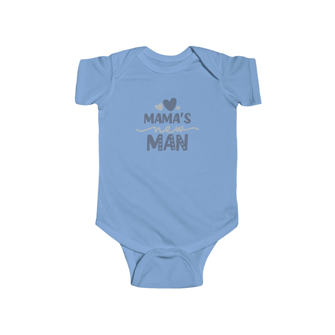 A blue baby bodysuit featuring text, ideal for Mama's New Man. Made of 100% cotton, with ribbed knitting for durability and plastic snaps for easy changing. From Worlds Worst Tees.