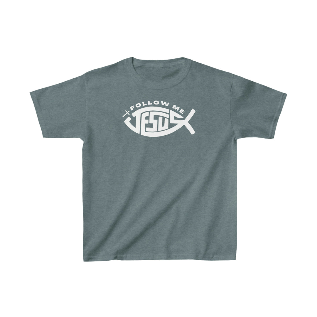 A kids' heavy cotton tee featuring a white logo on grey fabric. Made of 100% cotton, perfect for everyday wear. Durable twill tape shoulders, curl-resistant collar, and seamless sides. Jesus Follow Me Kids Tee by Worlds Worst Tees.