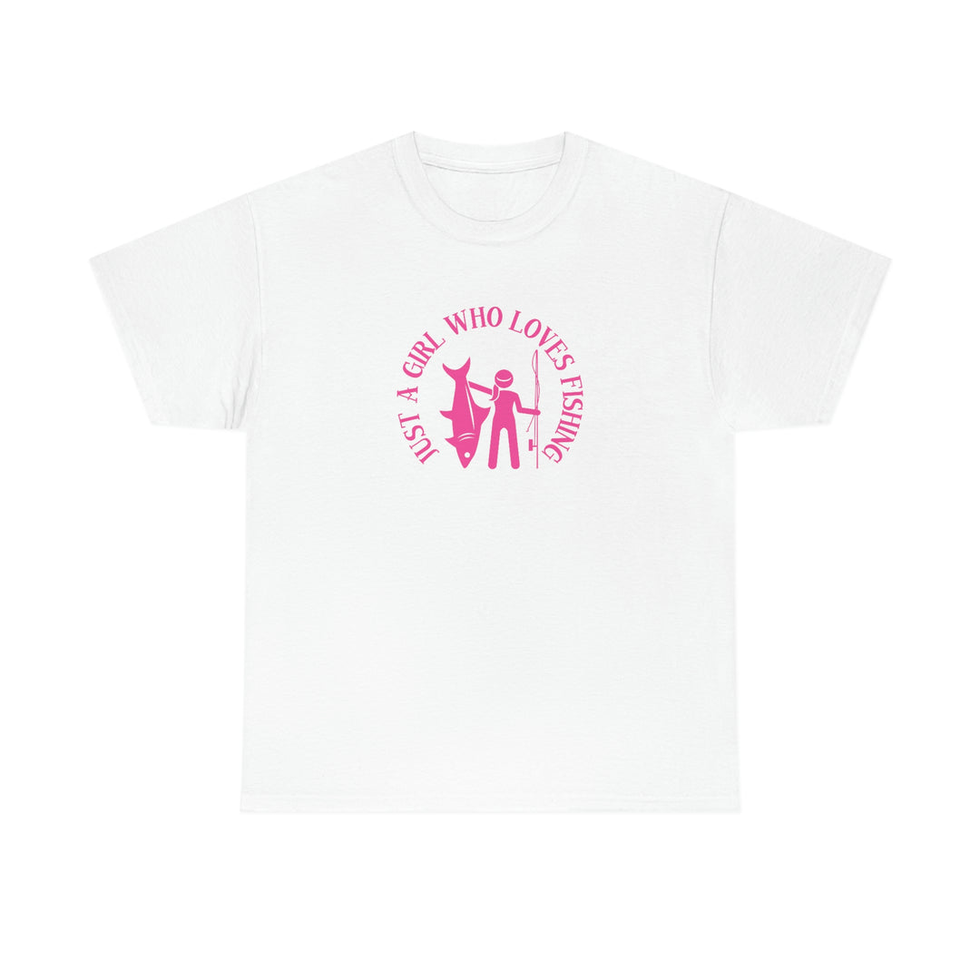 Unisex Just a Girl Who Loves Fishing Tee, a classic fit cotton shirt with a unique fishing-themed design. Seamless, durable, and perfect for casual fashion enthusiasts.