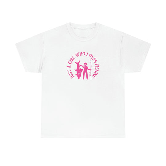 Unisex Just a Girl Who Loves Fishing Tee, a classic fit cotton shirt with a unique fishing-themed design. Seamless, durable, and perfect for casual fashion enthusiasts.