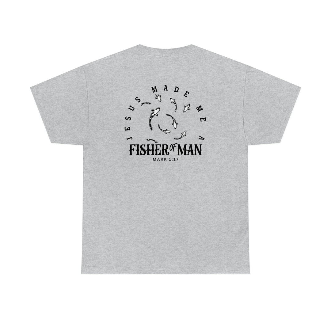 Unisex Fisher of Man Tee: Grey t-shirt with fish logo on back. Heavy cotton, no side seams, ribbed collar, durable tape on shoulders. Classic fit, 100% cotton. Sizes S-5XL.