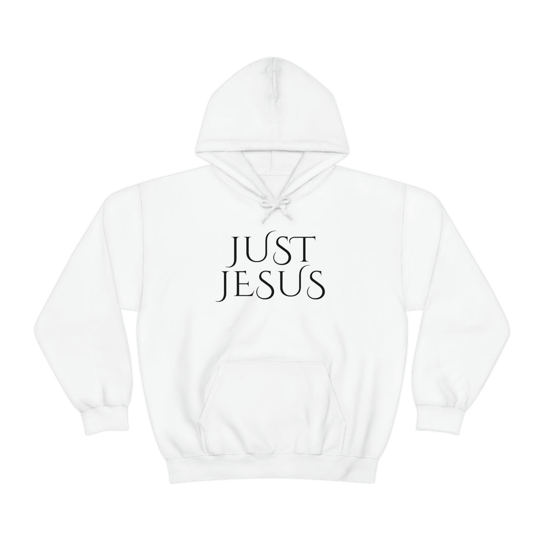 Unisex Just Jesus Hoodie: White sweatshirt with black text, kangaroo pocket, drawstring hood. Cotton-polyester blend, medium-heavy fabric, classic fit, tear-away label. Ideal for relaxation and warmth.
