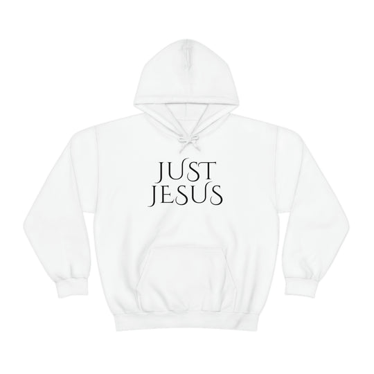 Unisex Just Jesus Hoodie: White sweatshirt with black text, kangaroo pocket, drawstring hood. Cotton-polyester blend, medium-heavy fabric, classic fit, tear-away label. Ideal for relaxation and warmth.