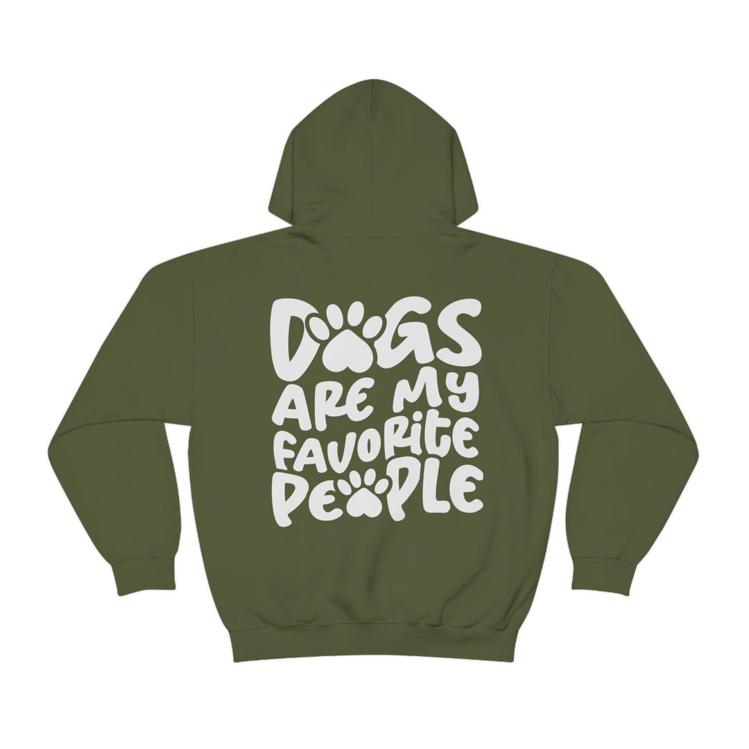 Unisex Dogs are my Favorite People Hoodie: Green sweatshirt with white text, kangaroo pocket, drawstring hood. Cotton-polyester blend, medium-heavy fabric, classic fit, tear-away label. Ideal for warmth and comfort.