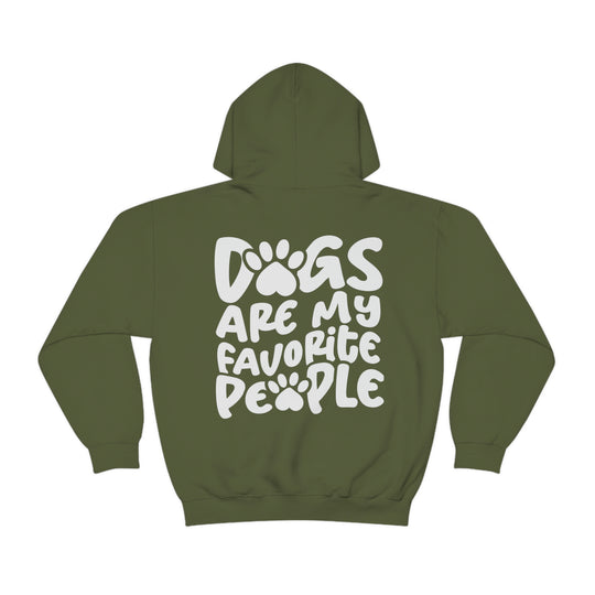 Unisex Dogs are my Favorite People Hoodie: Green sweatshirt with white text, kangaroo pocket, drawstring hood. Cotton-polyester blend, medium-heavy fabric, classic fit, tear-away label. Ideal for warmth and comfort.