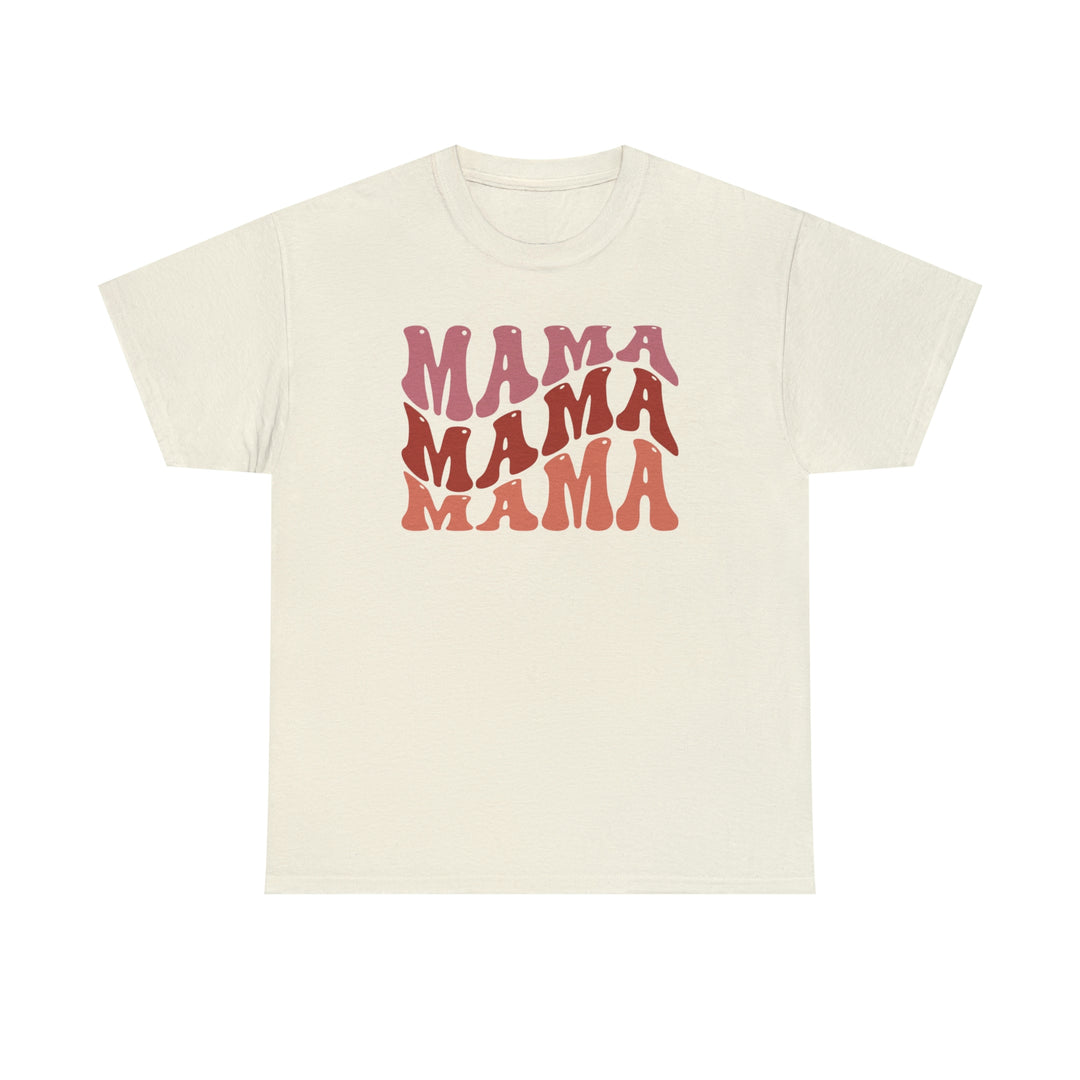 A classic Mama Tee in white with pink and red text. Unisex heavy cotton tee with no side seams, ribbed knit collar, and durable tape on shoulders. 100% cotton, medium weight fabric, classic fit.