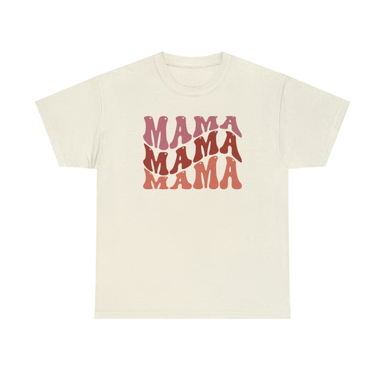 A classic Mama Tee in white with pink and red text. Unisex heavy cotton tee with no side seams, ribbed knit collar, and durable tape on shoulders. 100% cotton, medium weight fabric, classic fit.