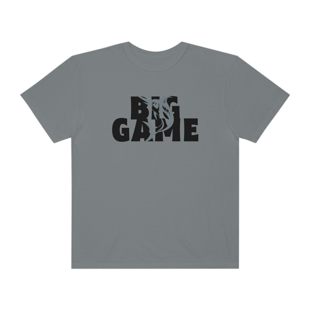Comfort Colors BIG GAME FISHER Tee: Grey tee with black fish logo and text. 100% ring-spun cotton, relaxed fit, durable double-needle stitching. Ideal for daily wear.