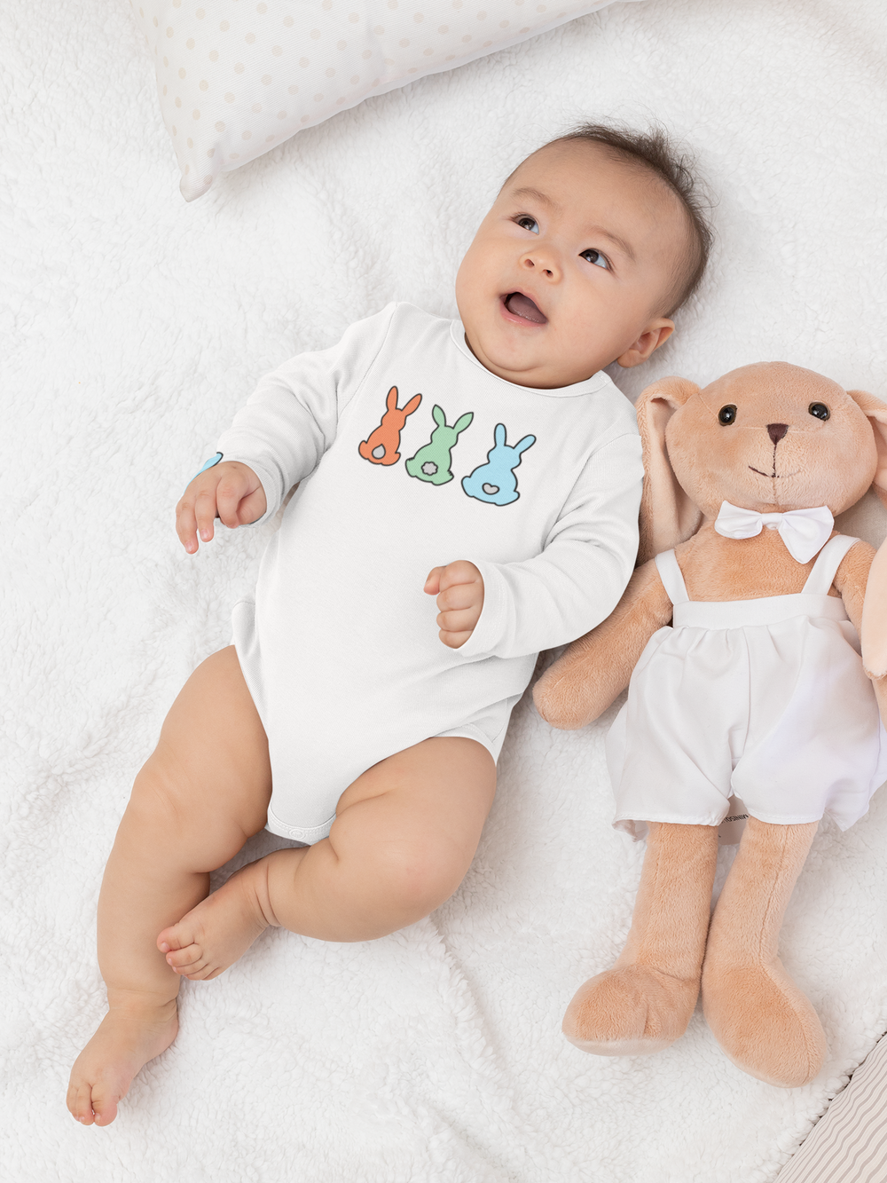 Infant Bunnies Easter Onesie: Soft ring-spun cotton bodysuit with lap shoulders for easy dressing. Unisex fit, light fabric, ideal for younglings. Sizes from NB to 24M.