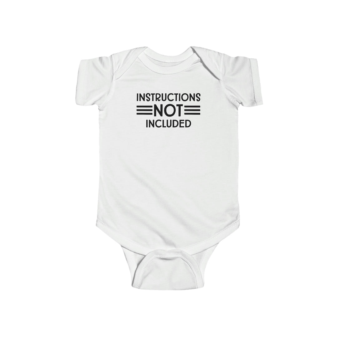 A durable and soft infant fine jersey bodysuit, the Instructions Not Included Onesie by Worlds Worst Tees. Features 100% cotton fabric, ribbed knit bindings, and plastic snaps for easy changing access. Dimensions: Width 7.32-12.01 in, Length 11.46-15.51 in, Sleeve length 2.52-3.50 in.