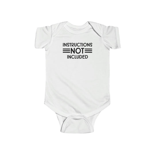 A durable and soft infant fine jersey bodysuit, the Instructions Not Included Onesie by Worlds Worst Tees. Features 100% cotton fabric, ribbed knit bindings, and plastic snaps for easy changing access. Dimensions: Width 7.32-12.01 in, Length 11.46-15.51 in, Sleeve length 2.52-3.50 in.