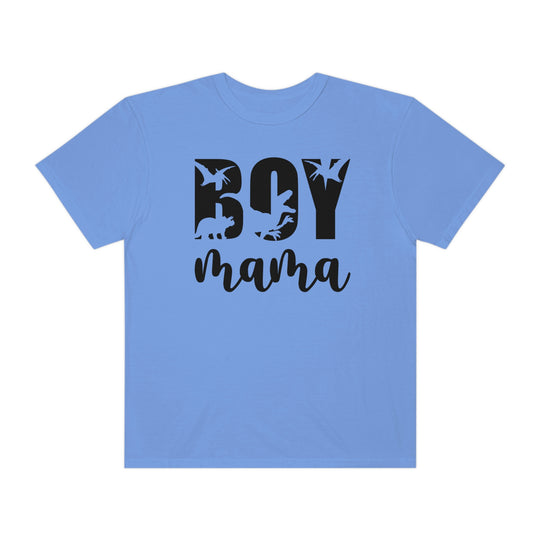 A Total Boy Mama Tee, a relaxed-fit garment-dyed t-shirt in blue with black text. Made of 100% ring-spun cotton for comfort and durability, perfect for daily wear. No side-seams for a tubular shape.