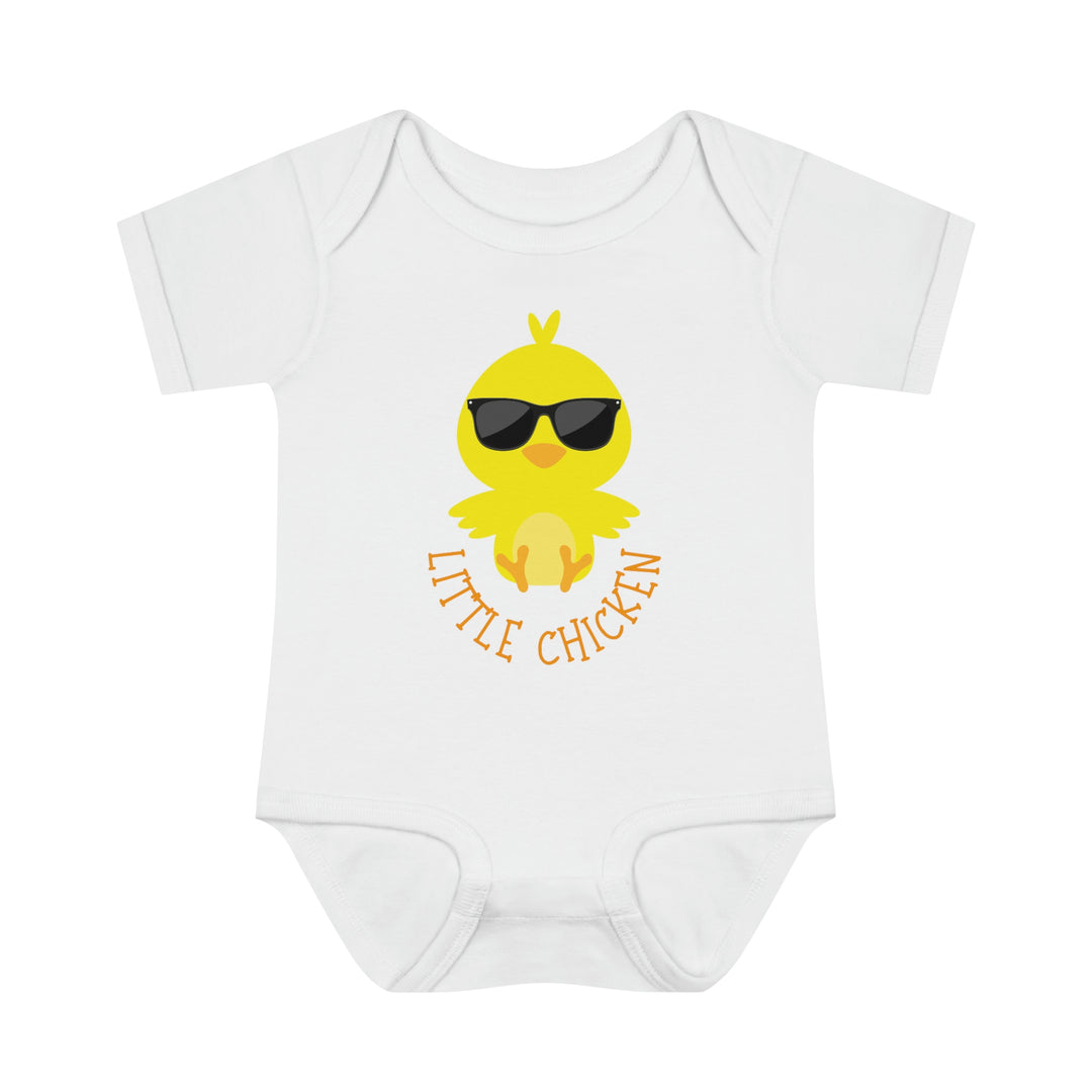 A soft, ring-spun cotton Little Chicken Onesie for infants with lap shoulders for easy dressing. Unisex fit, light fabric, and one-piece design. From Worlds Worst Tees.