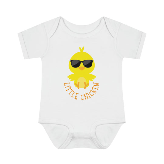 A soft, ring-spun cotton Little Chicken Onesie for infants with lap shoulders for easy dressing. Unisex fit, light fabric, and one-piece design. From Worlds Worst Tees.