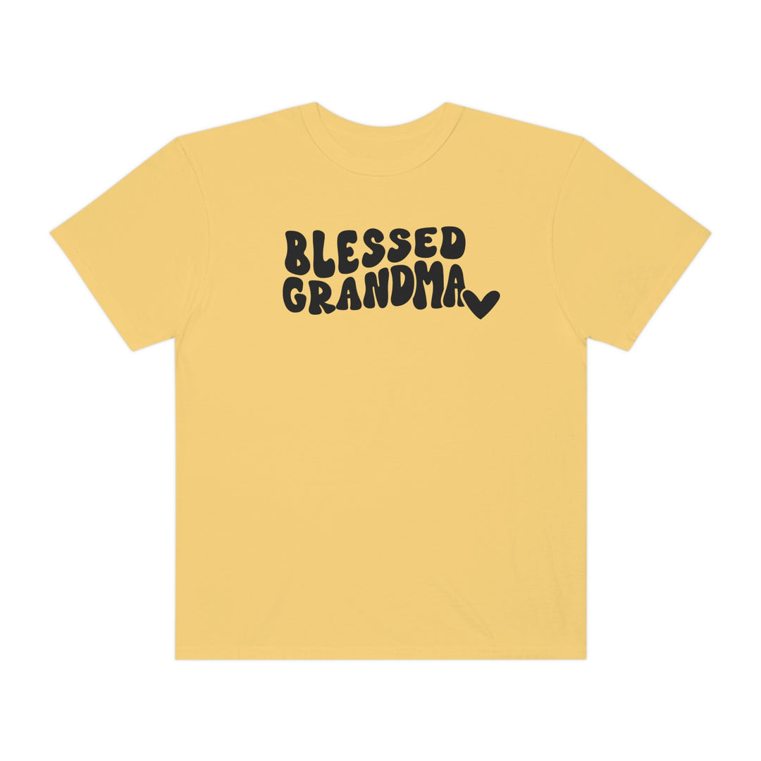 Blessed Grandma Tee: Yellow shirt with black text. 100% ring-spun cotton, garment-dyed for coziness. Relaxed fit, double-needle stitching for durability. No side-seams for shape retention.