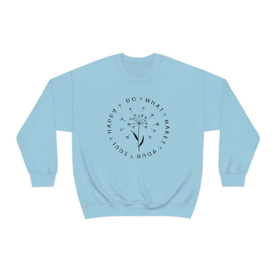 A blue sweatshirt featuring a dandelion design, the Happy Soul Crewneck. Unisex heavy blend, 50% cotton, 50% polyester, loose fit, ribbed knit collar, medium-heavy fabric, sewn-in label. Comfortable and stylish.