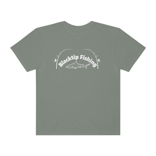 A customizable Blacktip Fishing Unisex Tee by Comfort Colors, featuring a shark design and fishing poles on a grey shirt. Made of 100% ring-spun cotton with a relaxed fit and durable double-needle stitching.