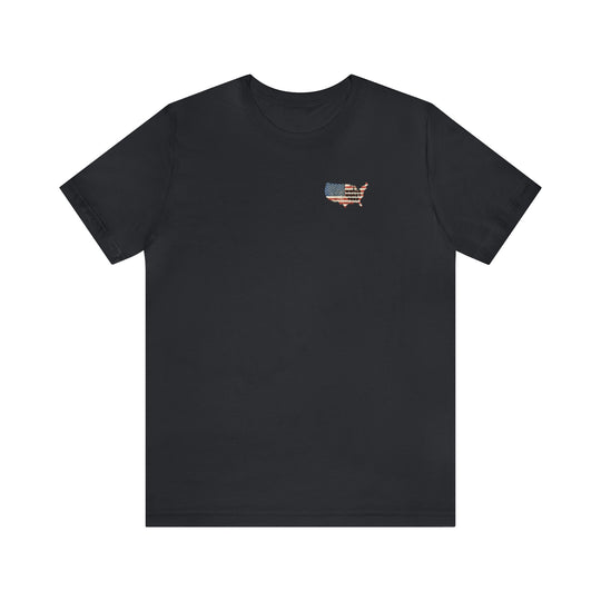 USA Some Gave All Tee: Unisex black t-shirt with flag print. Airlume combed cotton, ribbed knit collar, taping on shoulders, retail fit. Sizes XS-3XL. Worlds Worst Tees.