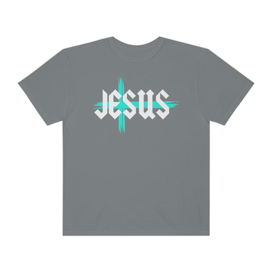 Relaxed fit Jesus Tee, grey t-shirt with white text. 100% ring-spun cotton, garment-dyed for coziness. Double-needle stitching, no side-seams for durability and shape retention.