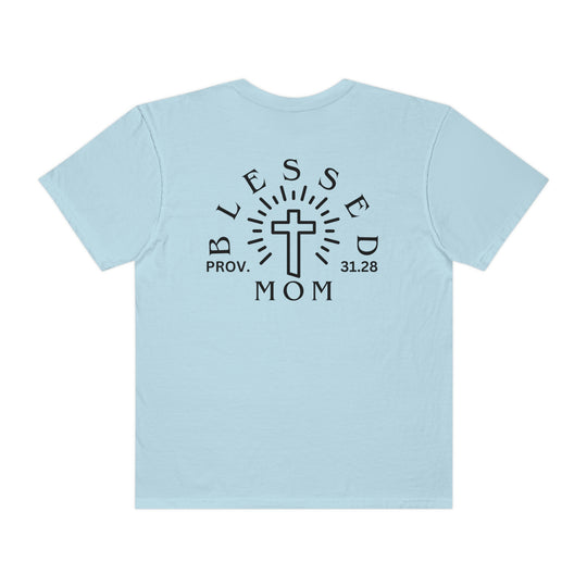 Relaxed fit Blessed Mom Tee in light blue, featuring a cross design. 100% ring-spun cotton, garment-dyed for extra coziness. Durable double-needle stitching, no side-seams for a tubular shape.