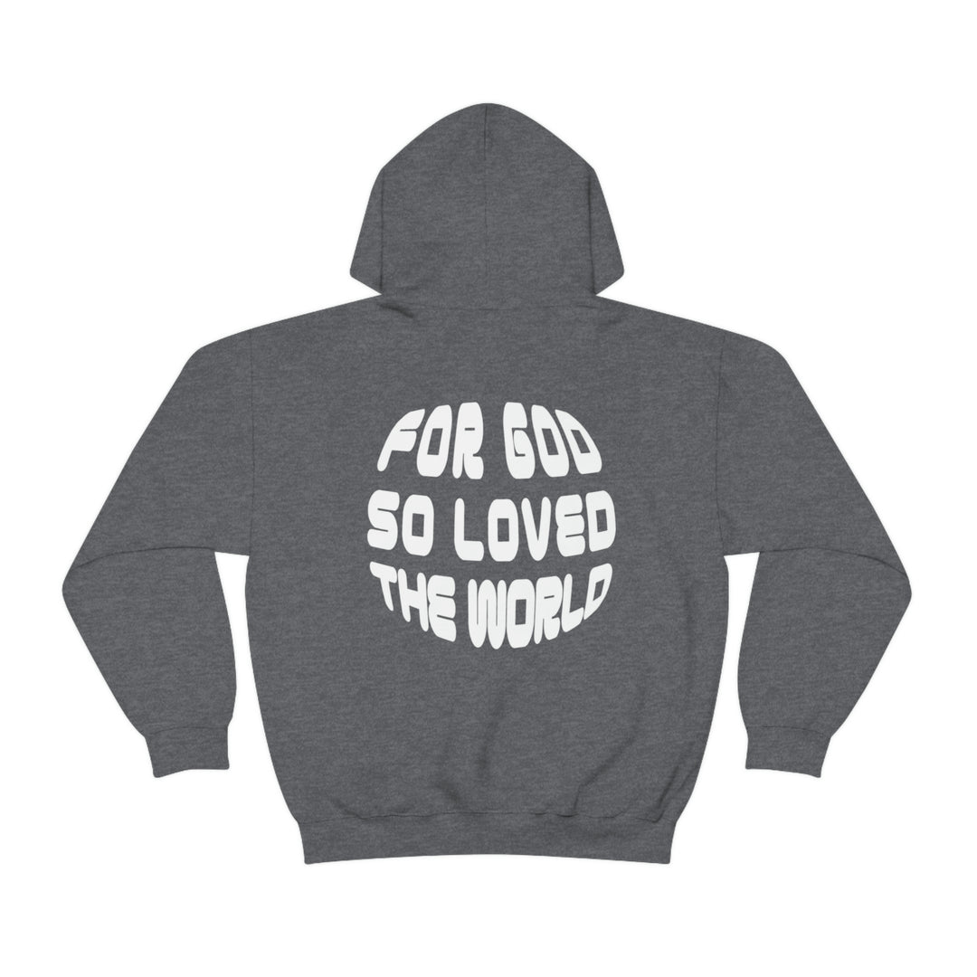 A heavy blend hooded sweatshirt featuring For God So Loved the World print. Cotton-polyester fabric, kangaroo pocket, and drawstring hood. Classic fit, tear-away label, medium-heavy fabric.