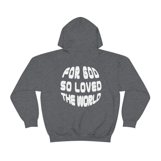 A heavy blend hooded sweatshirt featuring For God So Loved the World print. Cotton-polyester fabric, kangaroo pocket, and drawstring hood. Classic fit, tear-away label, medium-heavy fabric.