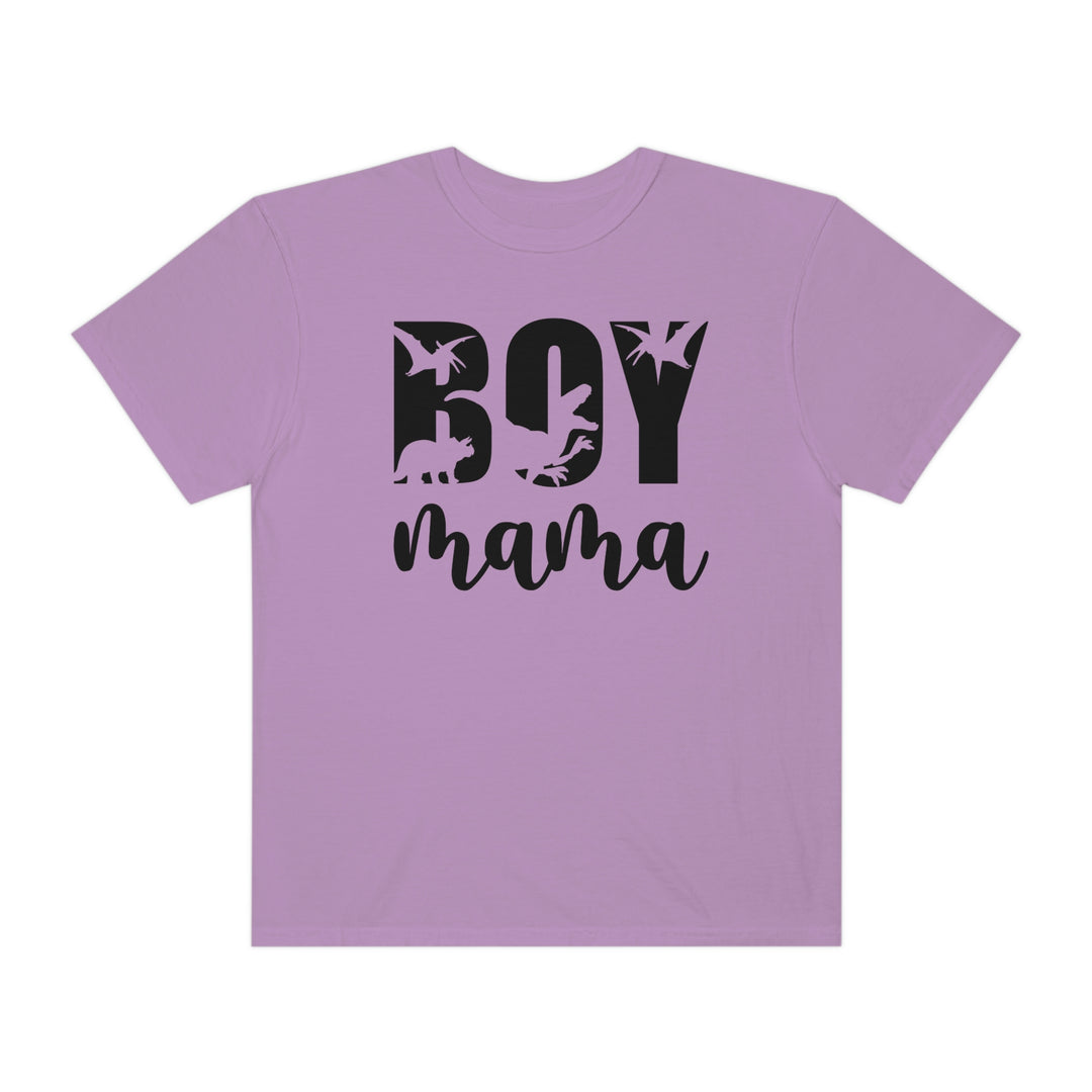 A Total Boy Mama Tee, a purple shirt with black text, 100% ring-spun cotton, medium weight, relaxed fit, double-needle stitching for durability, and seamless design for a tubular shape.