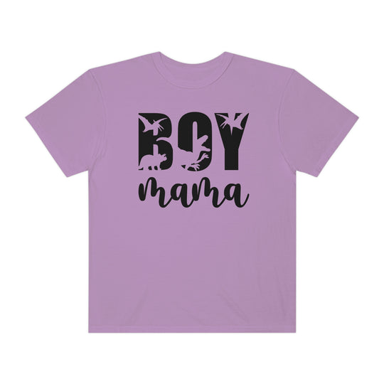 A Total Boy Mama Tee, a purple shirt with black text, 100% ring-spun cotton, medium weight, relaxed fit, double-needle stitching for durability, and seamless design for a tubular shape.