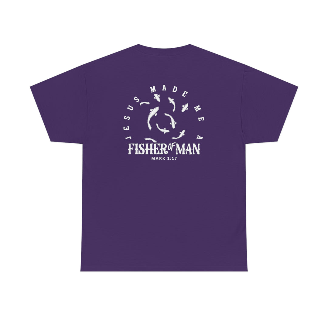 Unisex Fisher of Man Tee: Purple shirt with white fish logo. Heavy cotton, no side seams, ribbed collar, classic fit. Versatile wardrobe staple from Worlds Worst Tees.