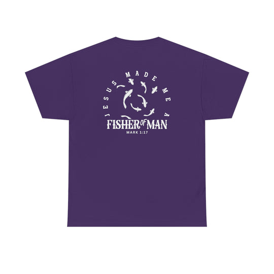 Unisex Fisher of Man Tee: Purple shirt with white fish logo. Heavy cotton, no side seams, ribbed collar, classic fit. Versatile wardrobe staple from Worlds Worst Tees.