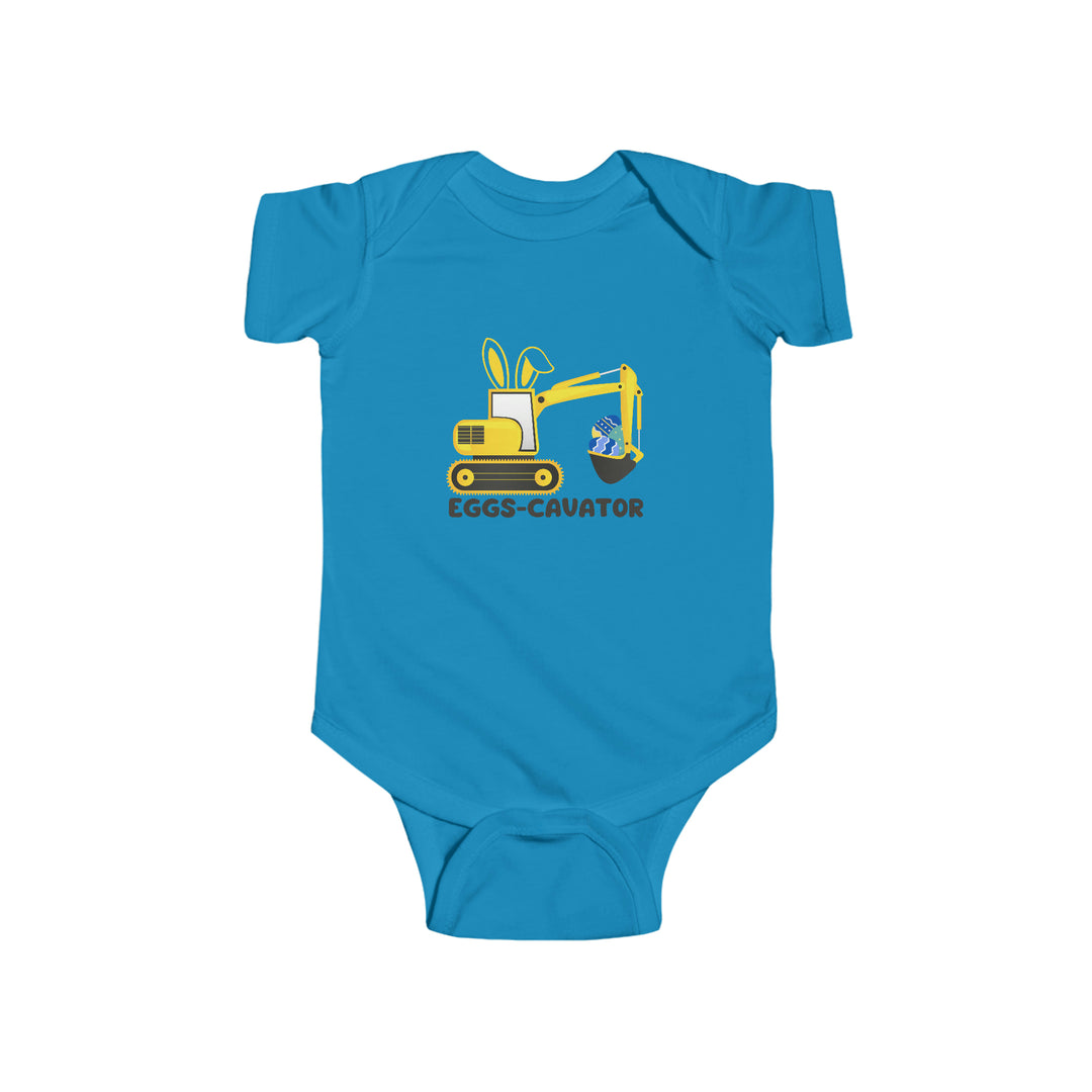A blue baby bodysuit featuring a cartoon bulldozer and rabbit design, known as the Eggs-Cavator Onesie. Made of 100% cotton, with ribbed knit bindings and plastic snaps for easy changing access. Ideal for infants.