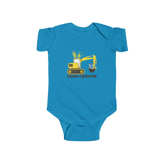 A blue baby bodysuit featuring a cartoon bulldozer and rabbit design, known as the Eggs-Cavator Onesie. Made of 100% cotton, with ribbed knit bindings and plastic snaps for easy changing access. Ideal for infants.