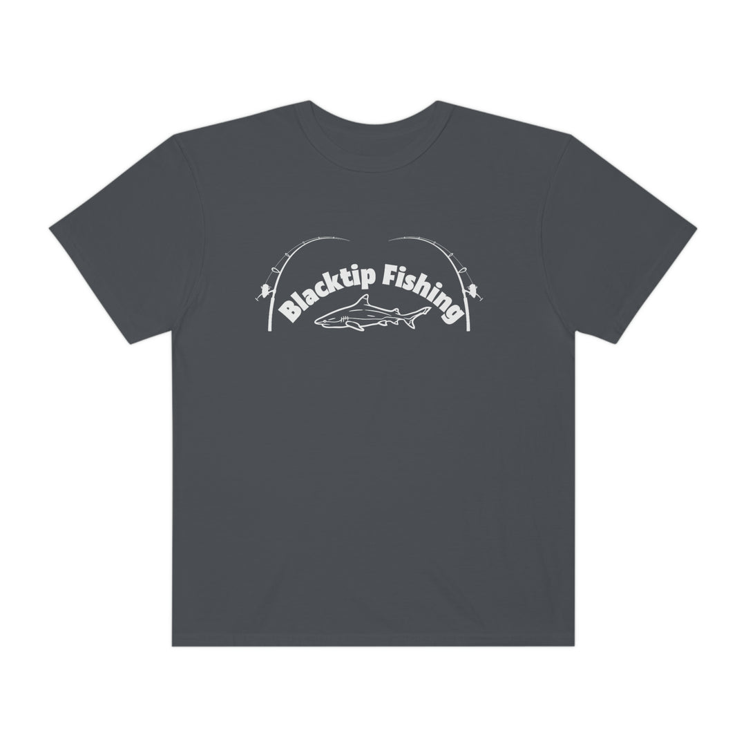 Blacktip Fishing Unisex Tee by Comfort Colors: Customizable, 100% ring-spun cotton shirt with shark design and fishing rods. Relaxed fit, durable double-needle stitching, and seamless sides for comfort.