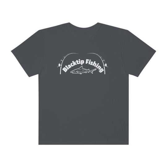 Blacktip Fishing Unisex Tee by Comfort Colors: Customizable, 100% ring-spun cotton shirt with shark design and fishing rods. Relaxed fit, durable double-needle stitching, and seamless sides for comfort.
