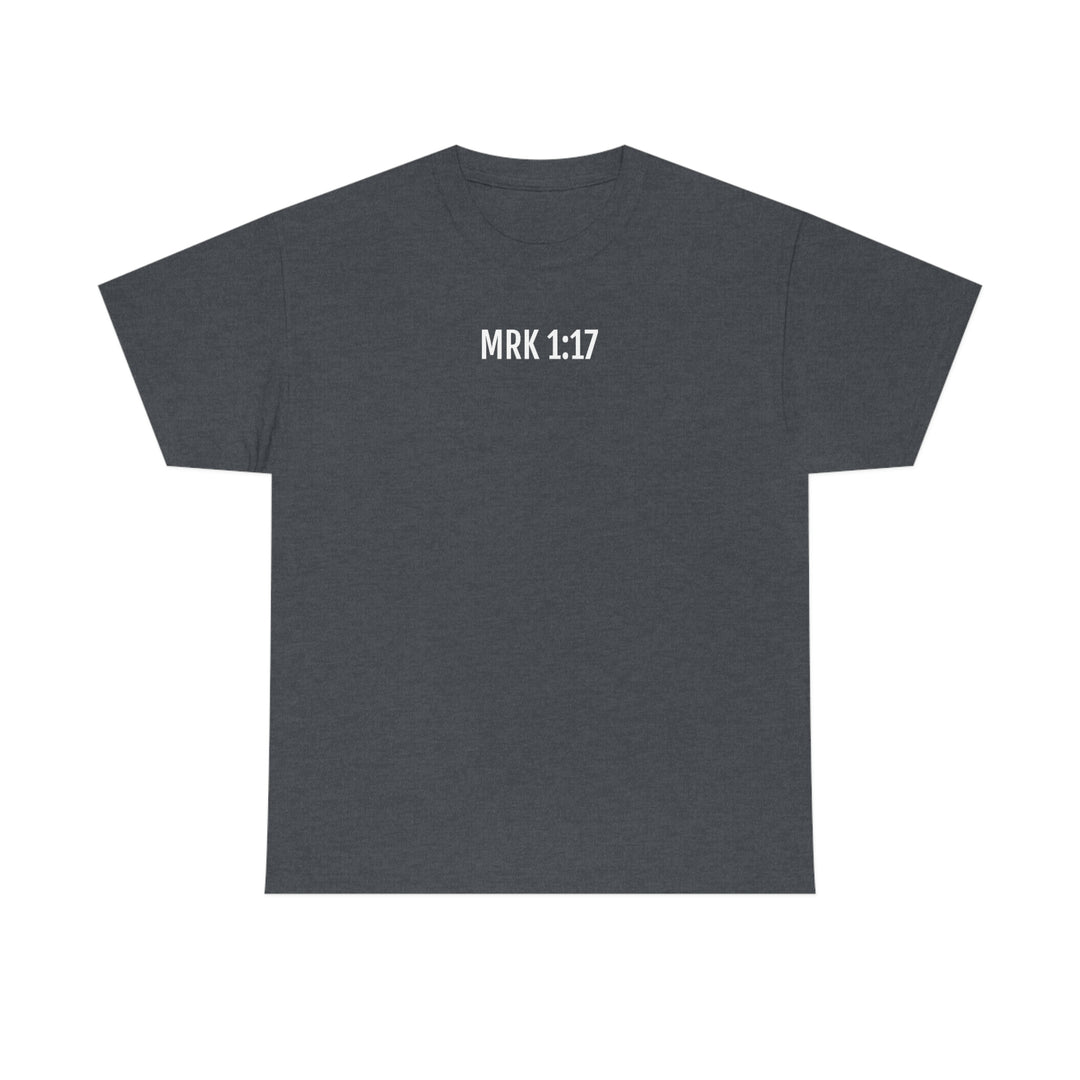 Alt text: Fisher of Man Tee: Unisex grey t-shirt with white text, no side seams for comfort, tape on shoulders for durability, ribbed knit collar. 100% cotton, classic fit, medium weight fabric.
